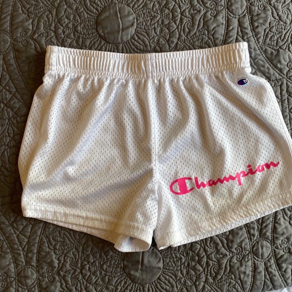 Champion Girls Athletic Shorts - White with Pink Logo - EUC - Size Medium